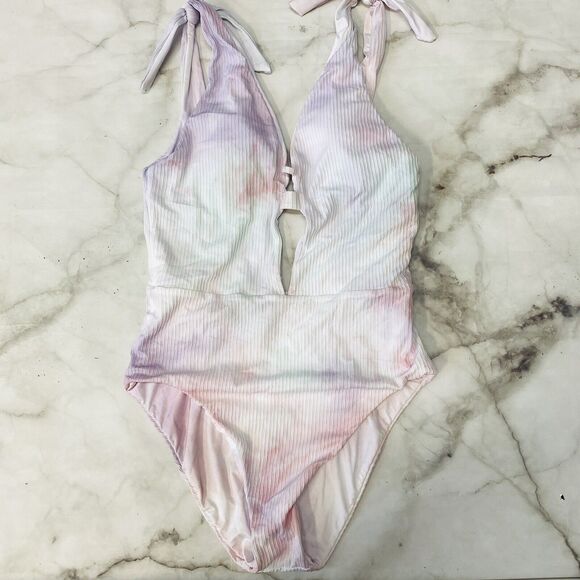 Soluna Tie Dye Ribbed Plunging One Piece Swimsuit Small Multicolor Pastel New - Picture 3 of 7